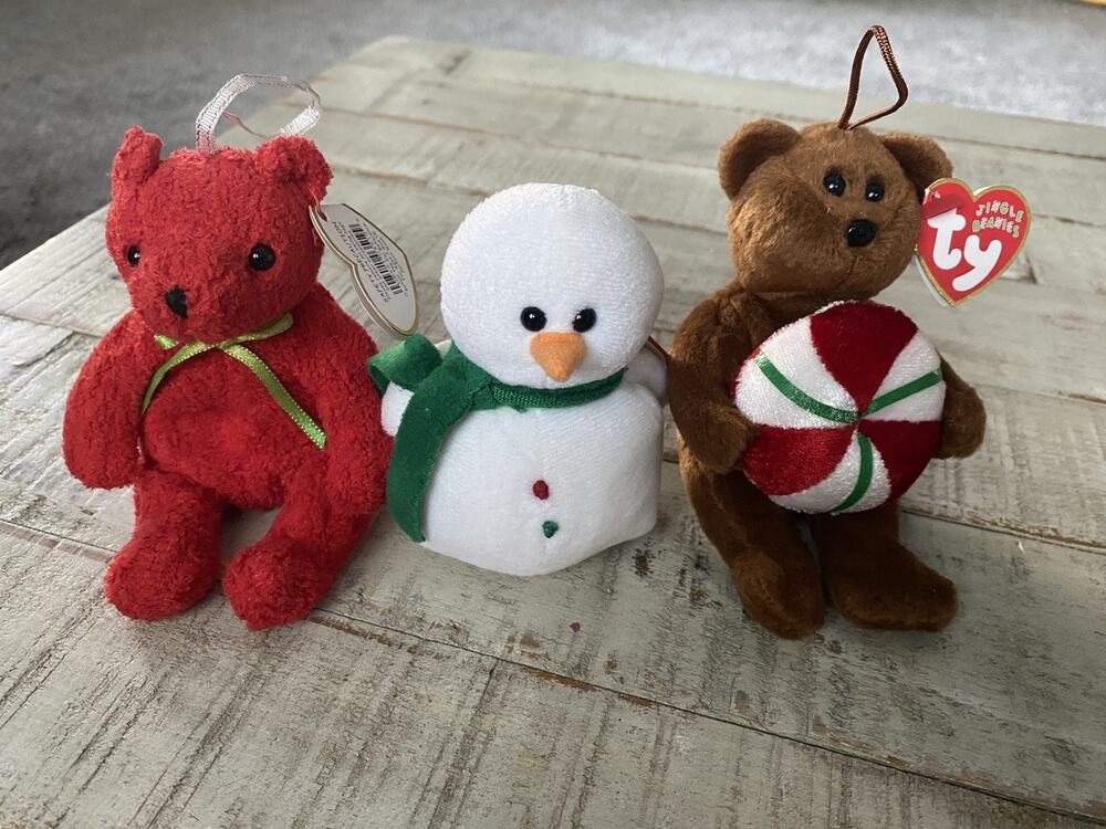 Ty Jingle Beanies Lot of 3 Bears Snowman Christmas Ornaments Babies W Tags Vtg
